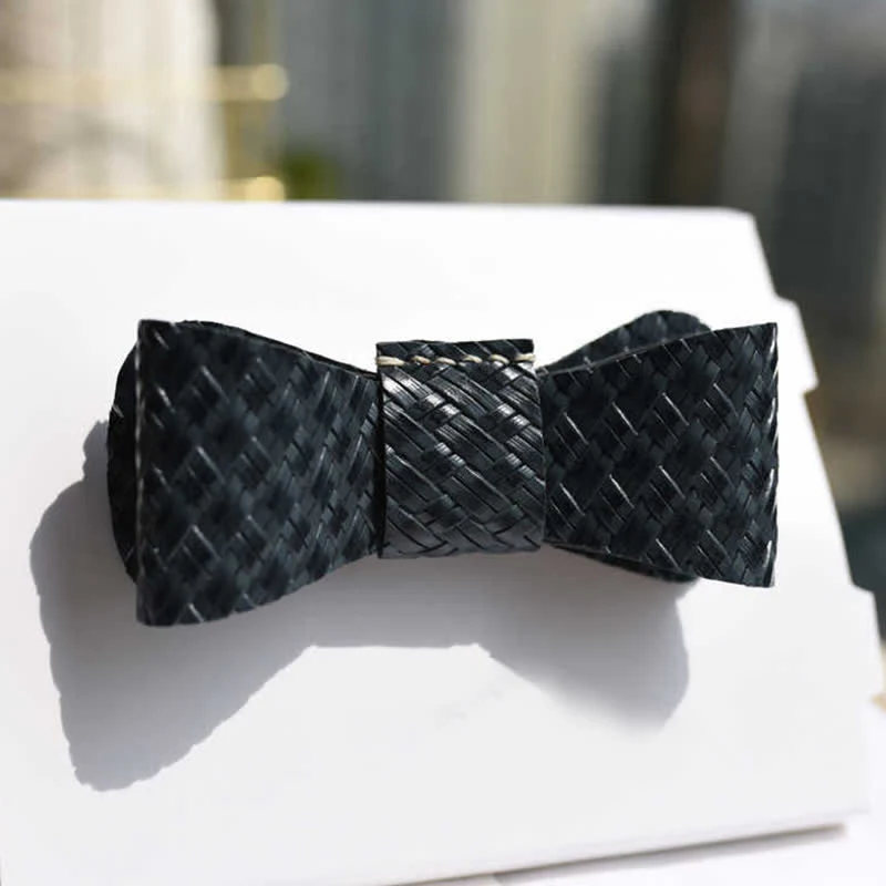 Men's Black Weave Pattern Genuine Leather Bow Tie - Image 3