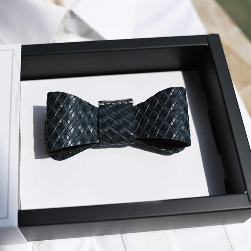Men's Black Weave Pattern Genuine Leather Bow Tie - Image 4