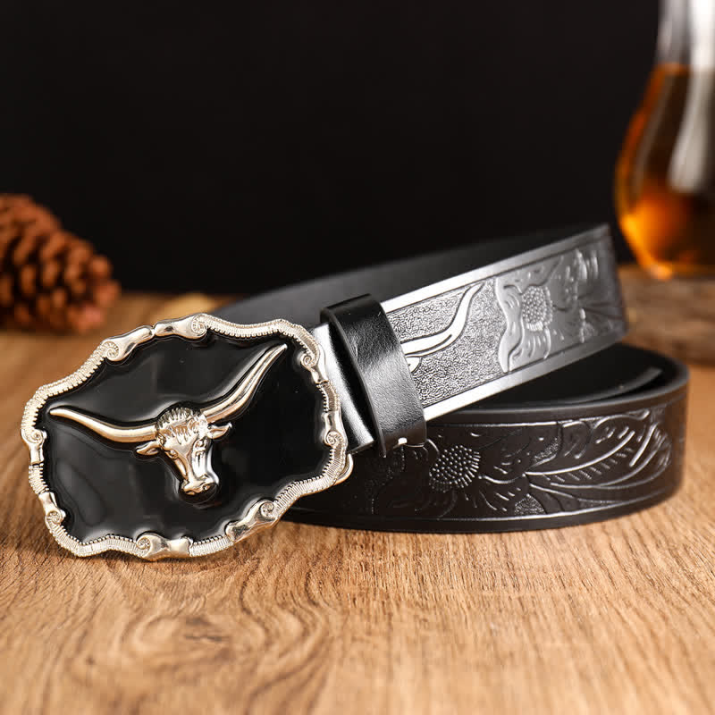 Men's Black Western Longhorn Bull Head Leather Belt - Image 6