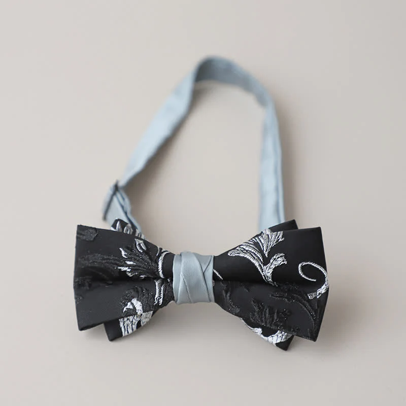 Men's Black & White Floral Embroidery Bow Tie - Image 3
