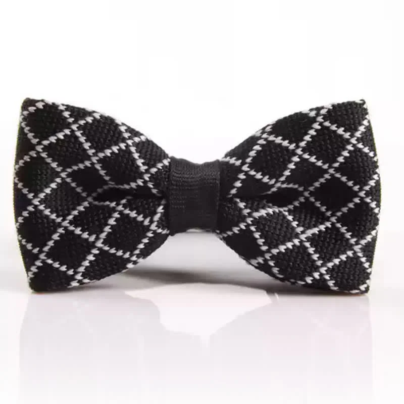 Men's Black & White Striped Plaid Knitted Bow Tie - Image 2