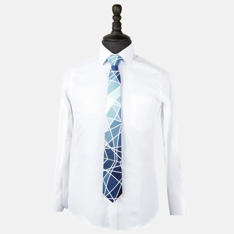 Men's Blue Geometric Printed White Line Necktie - Image 3