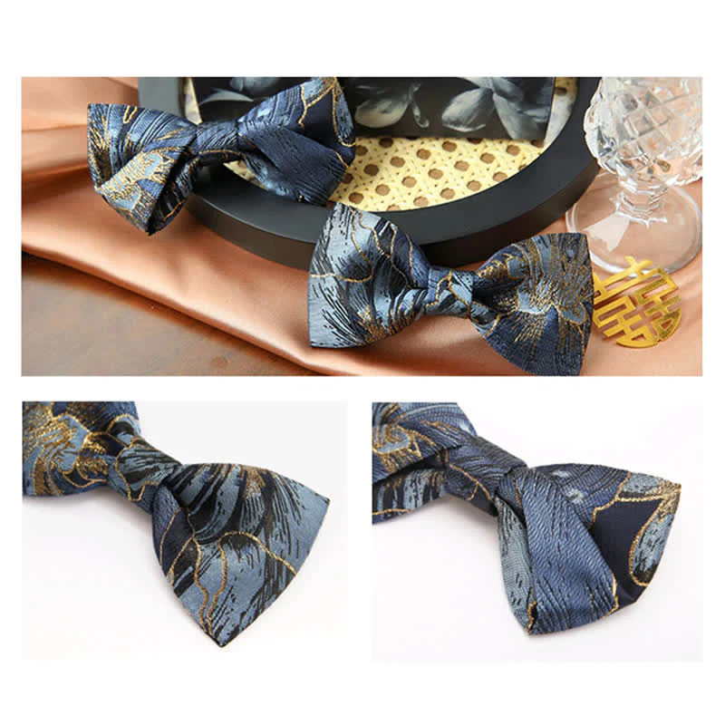 Men's Blue & Gold Bright Floral Jacquard Bow Tie - Image 5