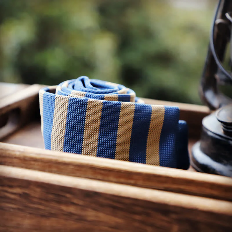 Men's Blue & Khaki Striped Knitted Necktie - Image 2
