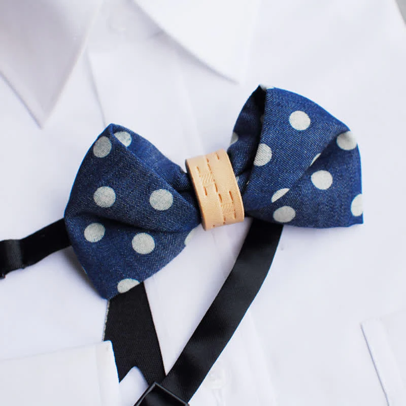 Men's Blue Polka Dots Leather Loop Bow Tie - Image 5