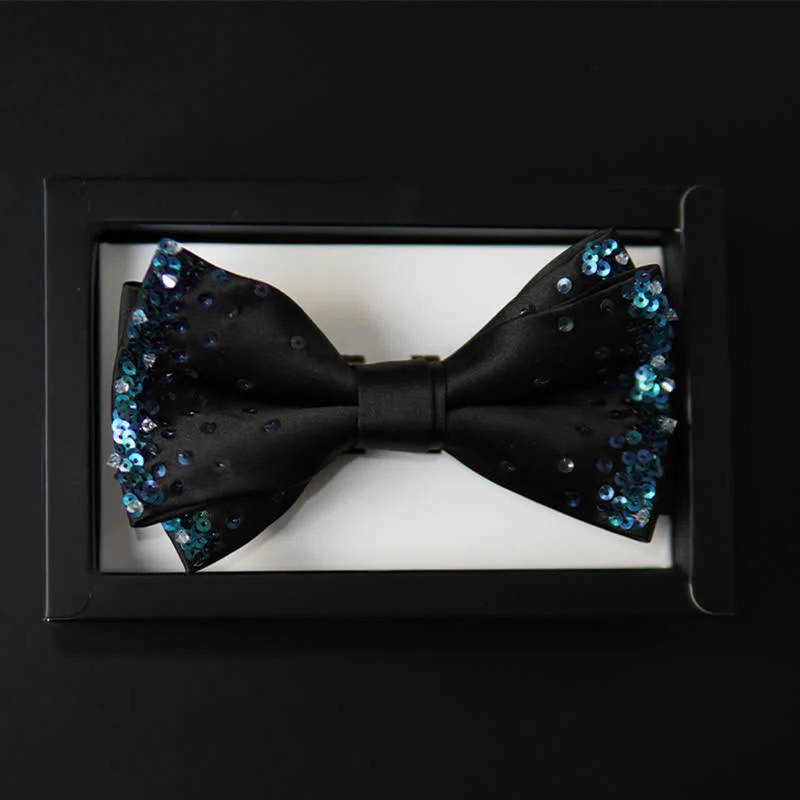 Men's Blue Shine Sequin Black Bow Tie - Image 3