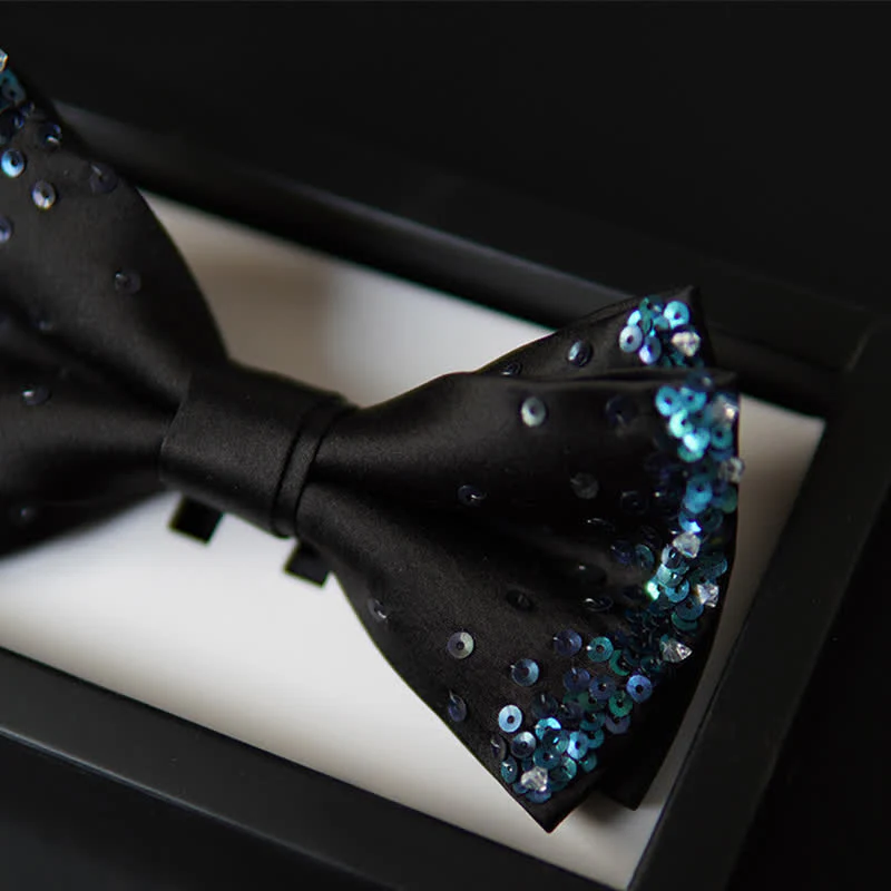 Men's Blue Shine Sequin Black Bow Tie - Image 4