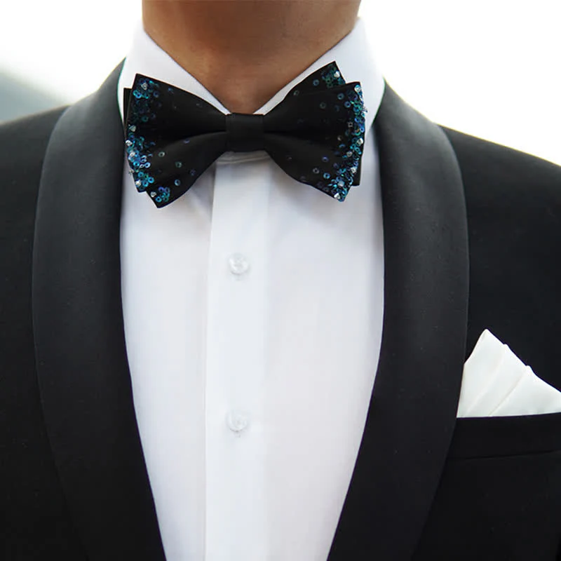 Men's Blue Shine Sequin Black Bow Tie - Image 5