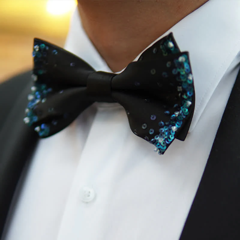 Men's Blue Shine Sequin Black Bow Tie - Image 6
