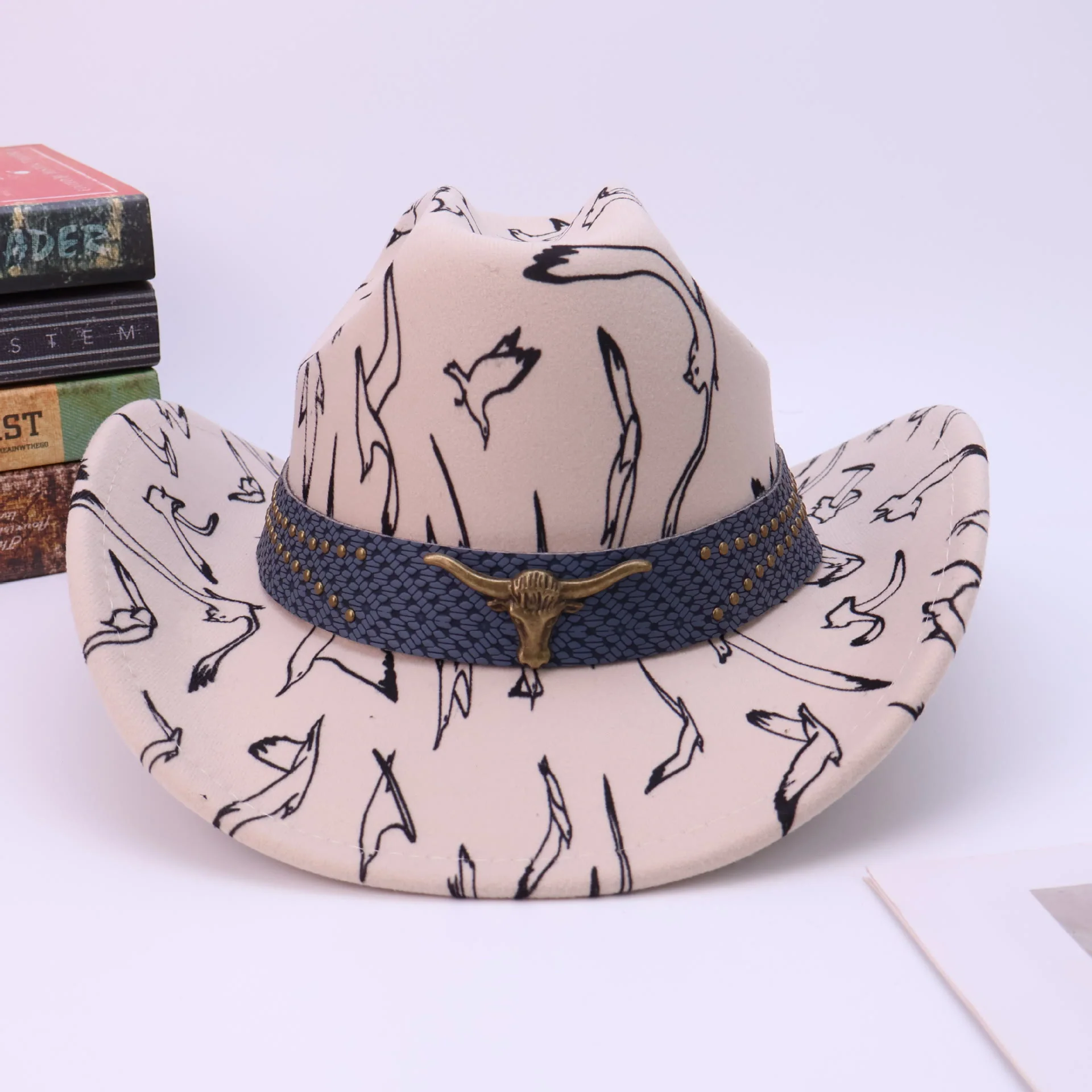 Men's Brass Bull Head Belt Bird Print Cowboy Hat - Image 4