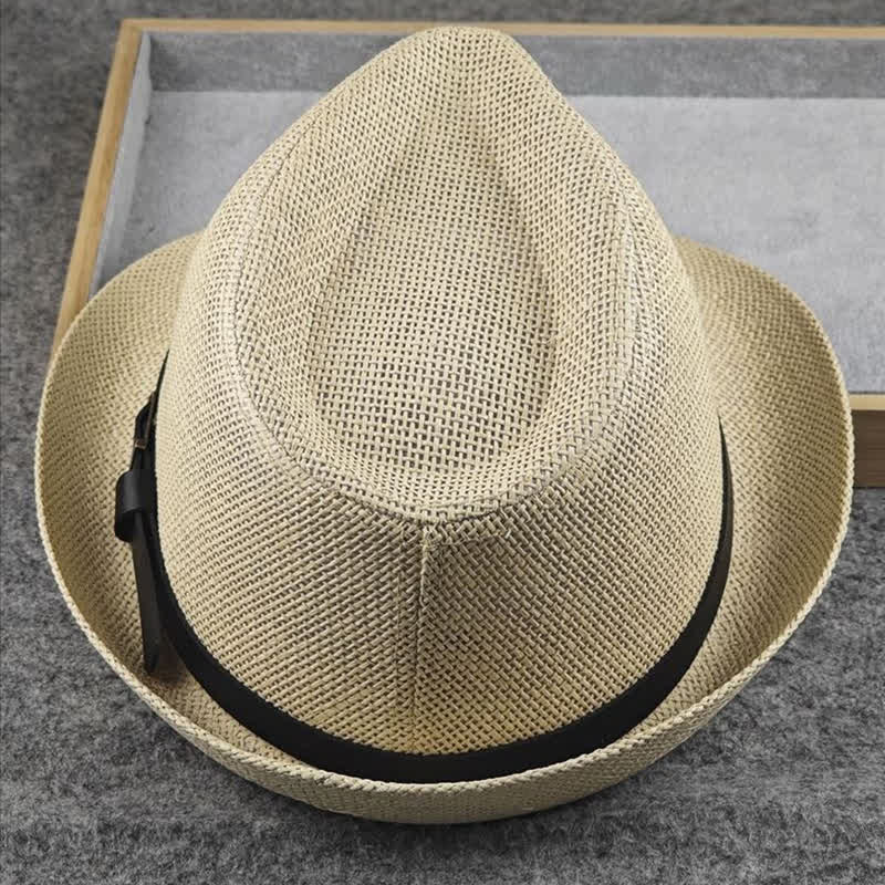 Men's British Plaid Houndstooth Pattern Summer Straw Fedora Hat - Image 15