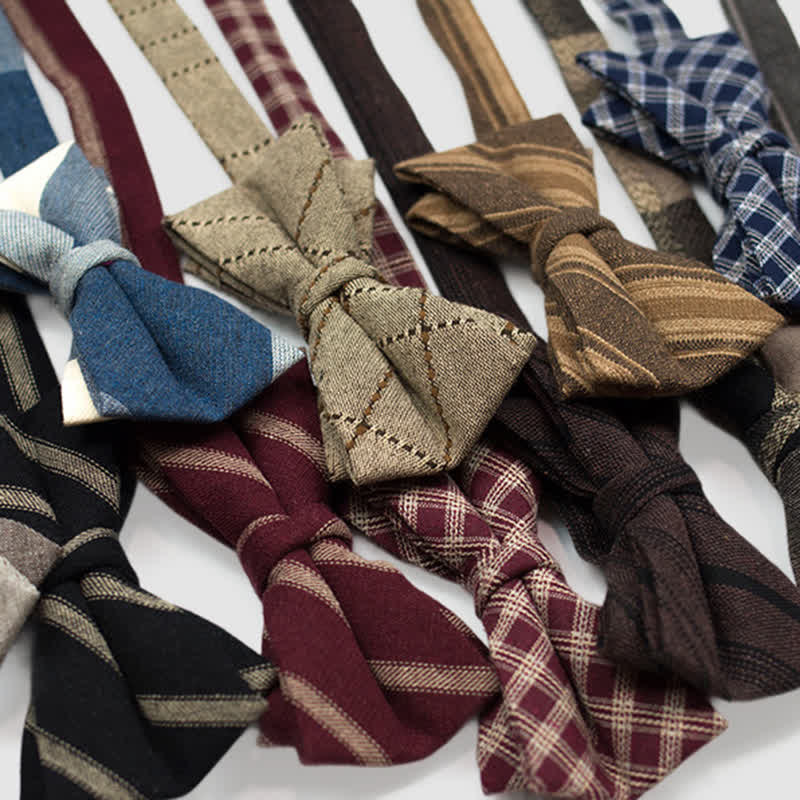 Men's British Style Checked Striped Coffee Cotton Bow Tie - Image 2