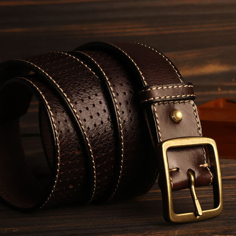Men's British Style Hand-Stitched Perforated Leather Belt - Image 11
