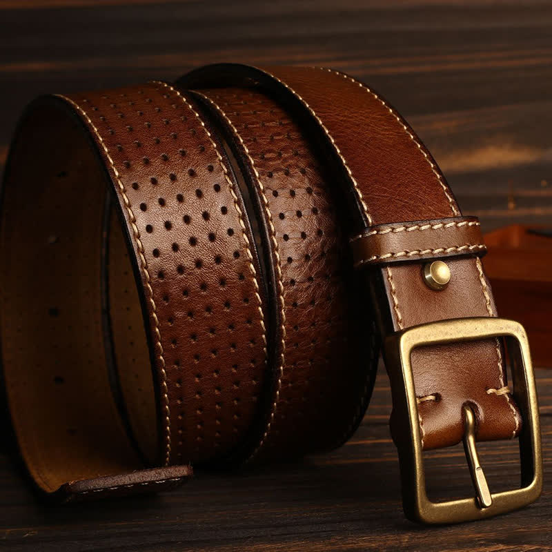 Men's British Style Hand-Stitched Perforated Leather Belt - Image 15