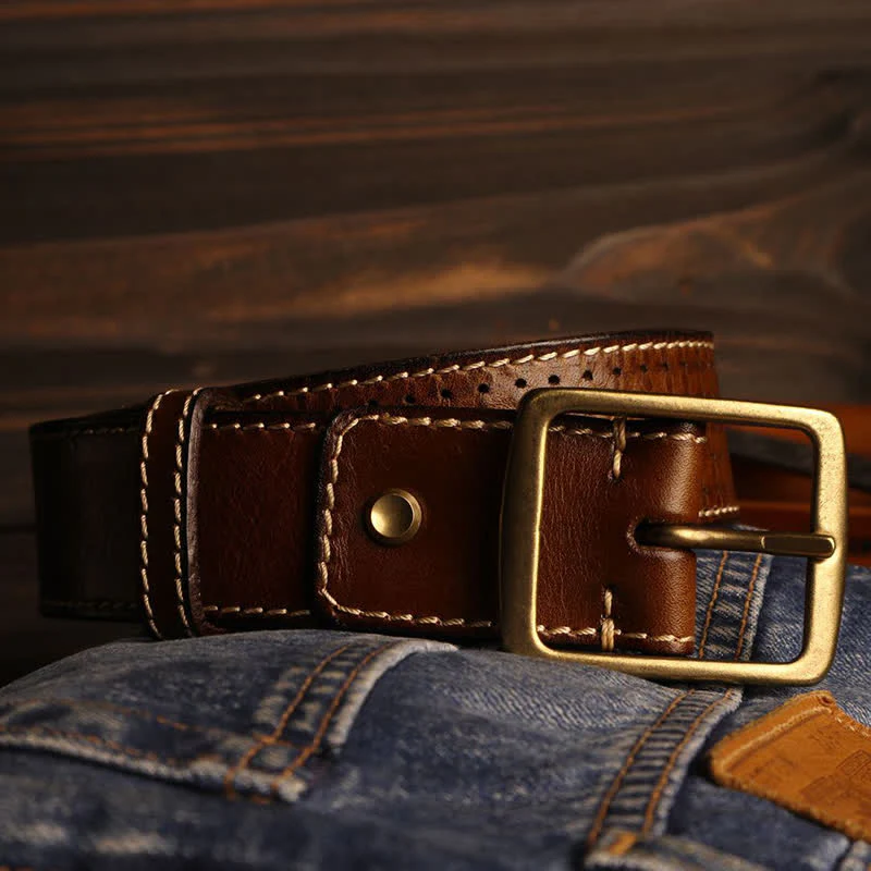 Men's British Style Hand-Stitched Perforated Leather Belt - Image 16