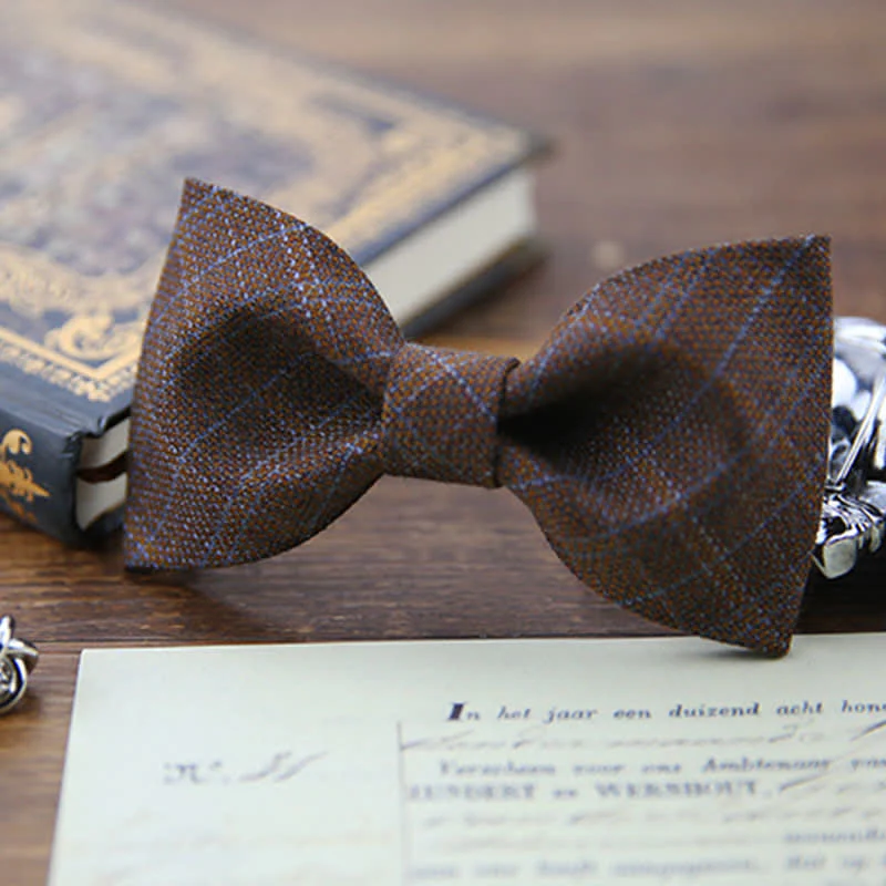 Men's British Style Vintage Dark Brown Plaid Bow Tie - Image 3