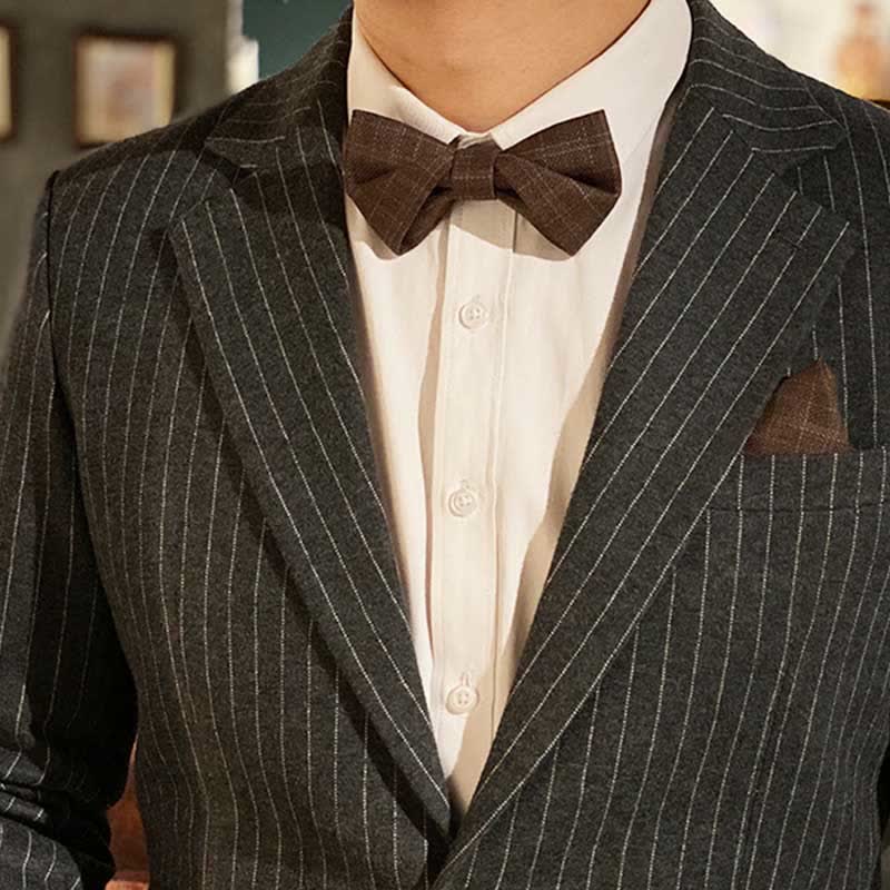 Men's British Style Vintage Dark Brown Plaid Bow Tie - Image 7