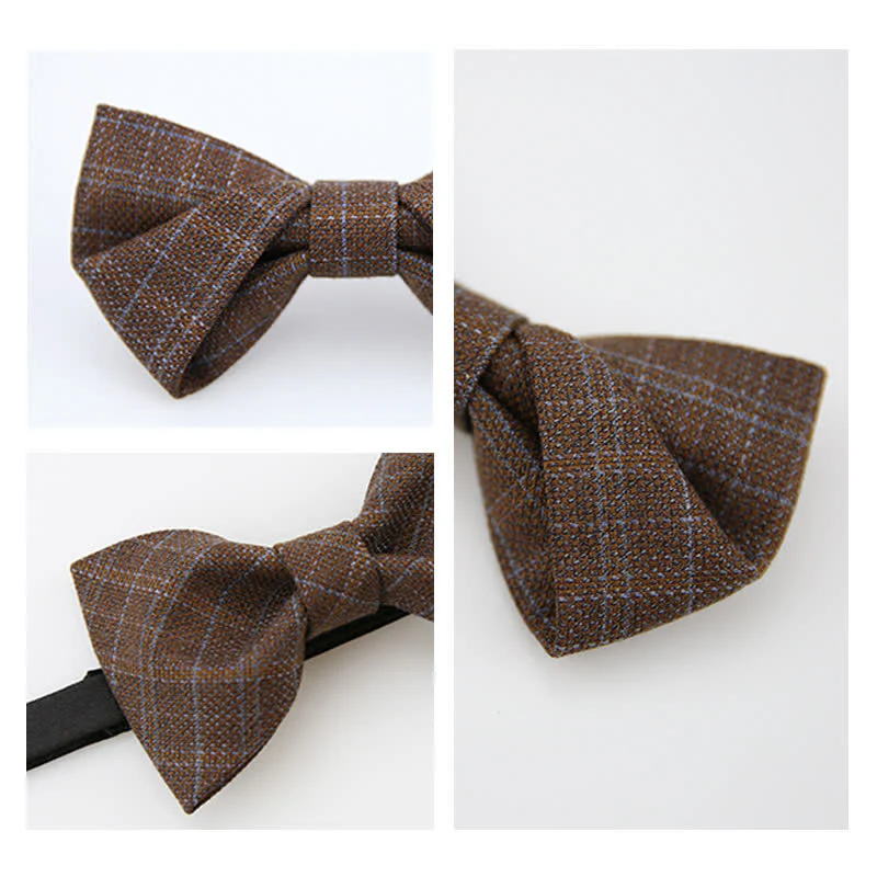 Men's British Style Vintage Dark Brown Plaid Bow Tie - Image 9