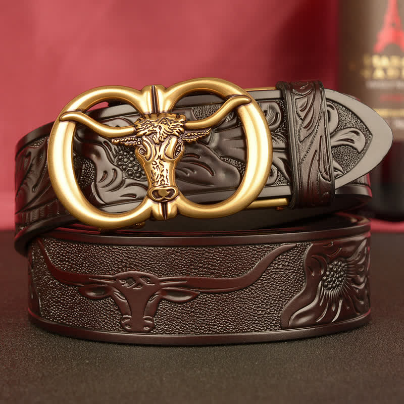 Men's Double Ring Bull Automatic Buckle Leather Belt - Image 17