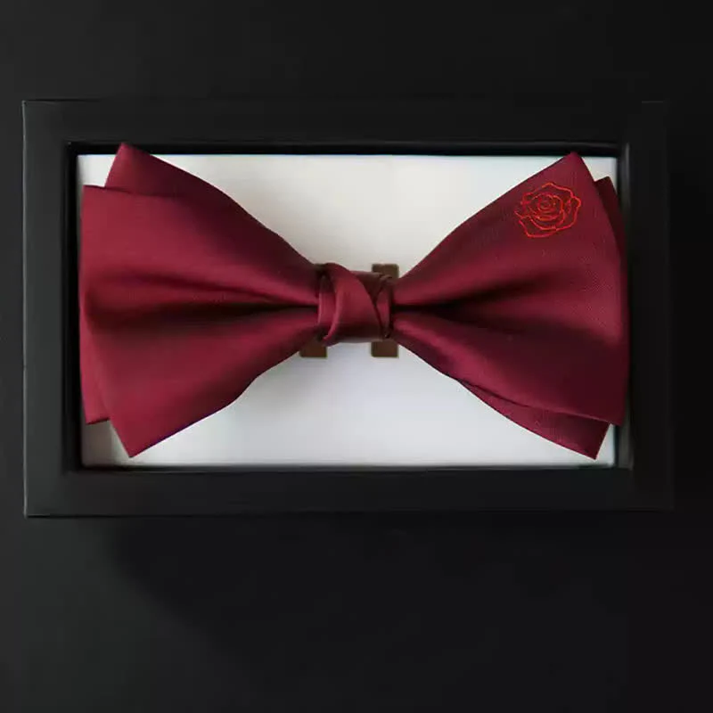 Men's Bugundy Rose Embroidery Handkerchief Bow Tie - Image 3