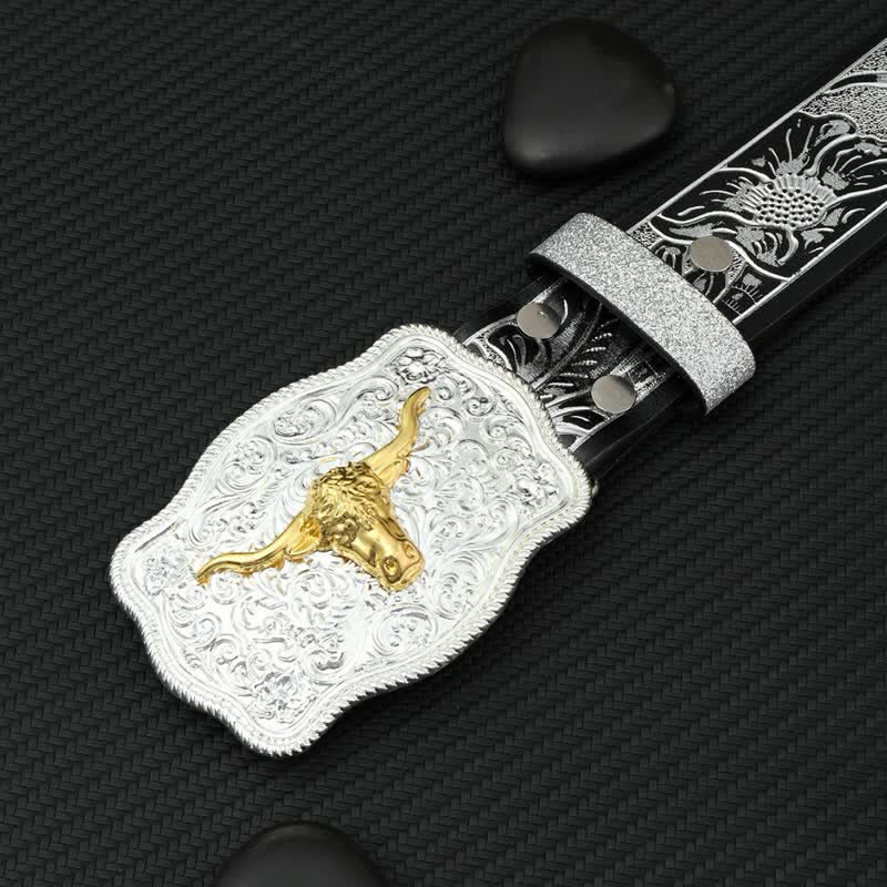 Men's Bull Black Silver Floral Embossed Print Leather Belt - Image 5