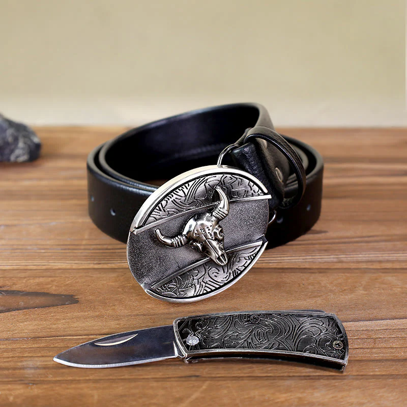 Men's Bull Head Leather Belt With Folding Knife - Image 9