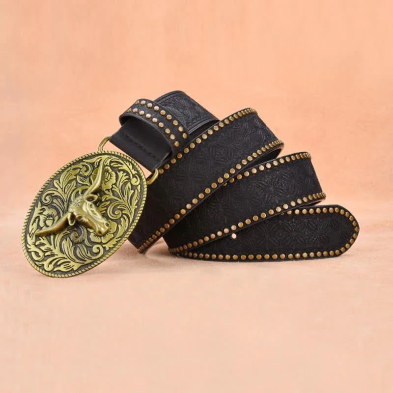 Men's Bull Head Rivet Embossed Leather Belt - Image 10