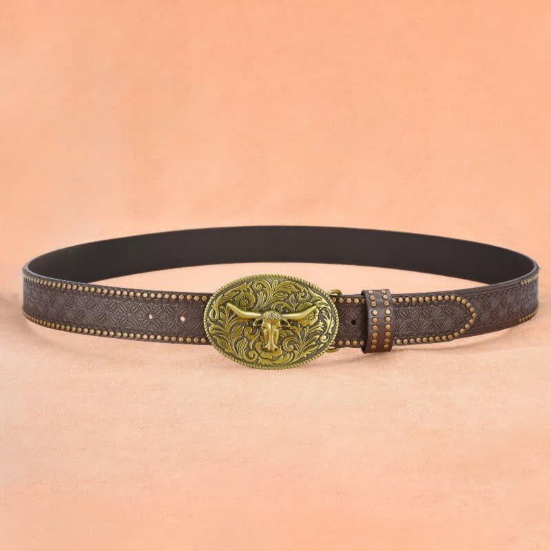 Men's Bull Head Rivet Embossed Leather Belt - Image 7