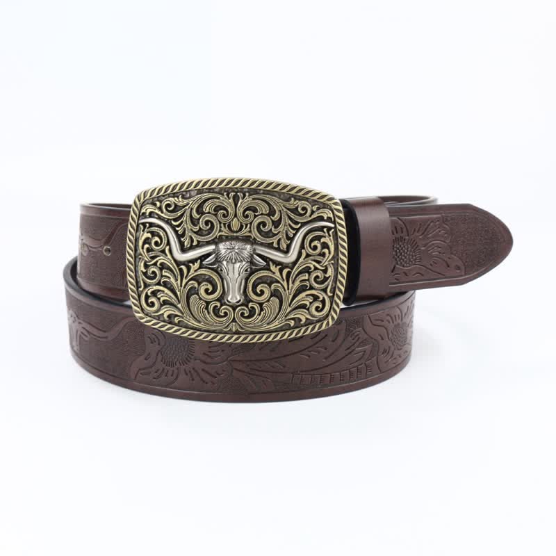 Men's Bronze Bull Pattern Floral Engraved Leather Belt - Image 7
