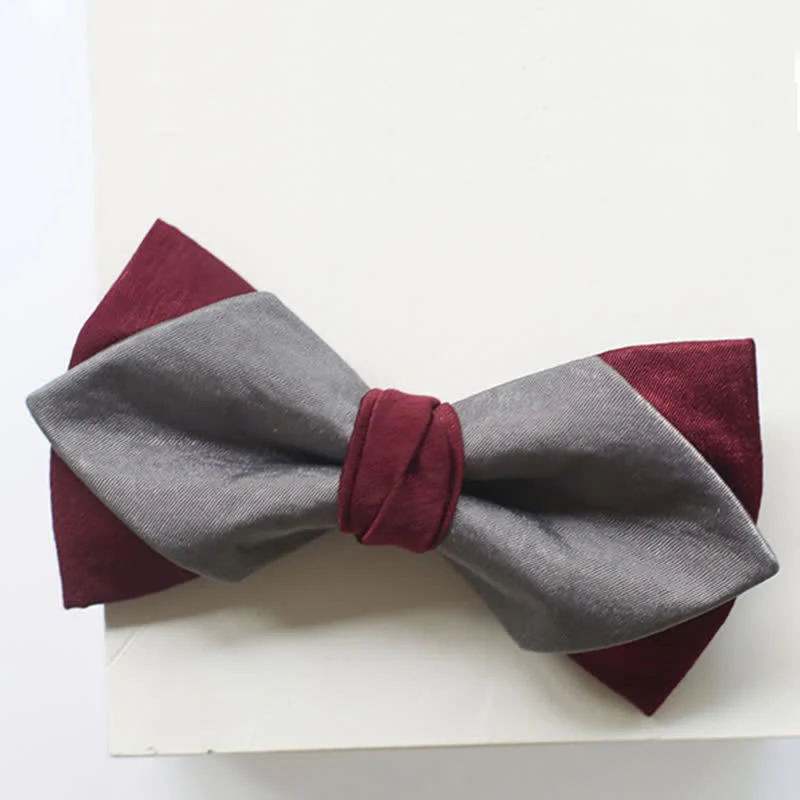 Men's Burgundy & Gray Double Layered Bow Tie - Image 10