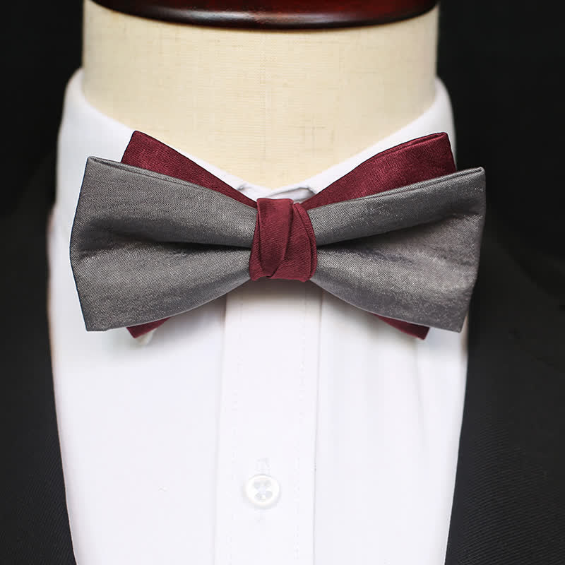 Men's Burgundy & Gray Double Layered Bow Tie - Image 5