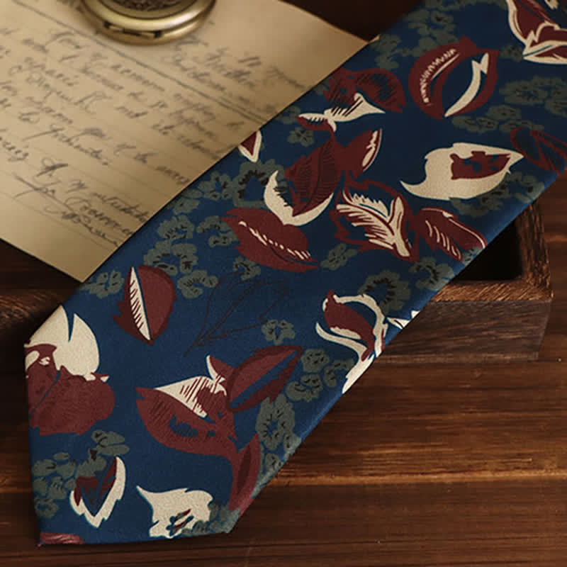 Men's Calming Navy Blue & Red Floral Necktie - Image 3