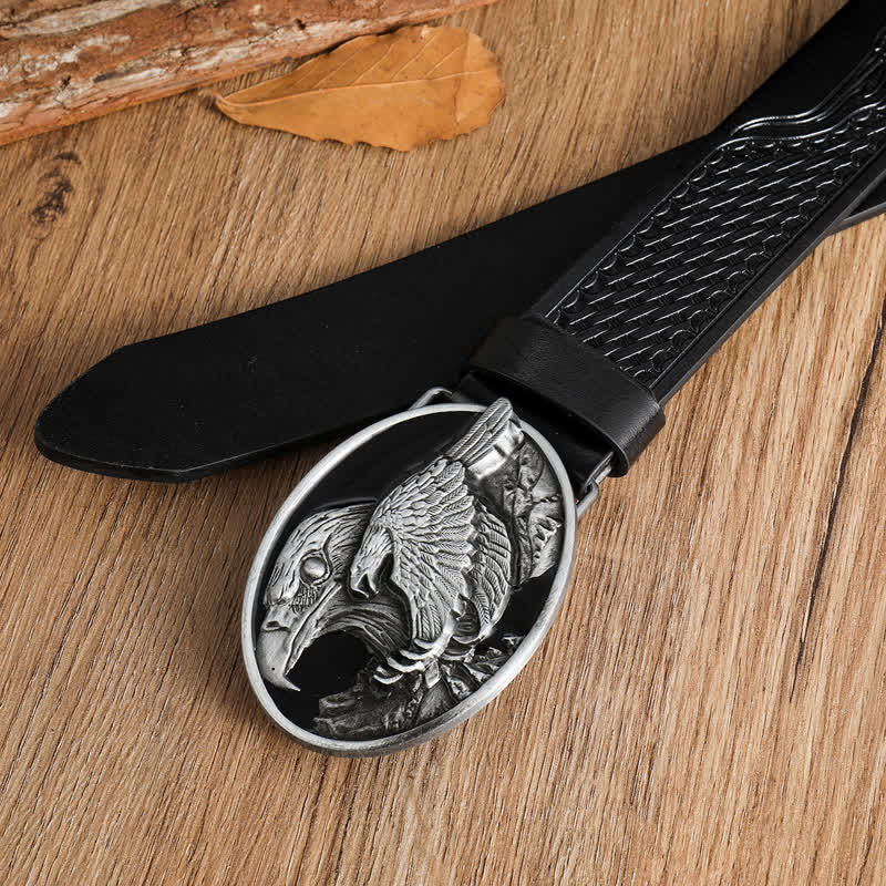 Men's Carved Bald Hawk Eagle Buckle Leather Belt - Image 11