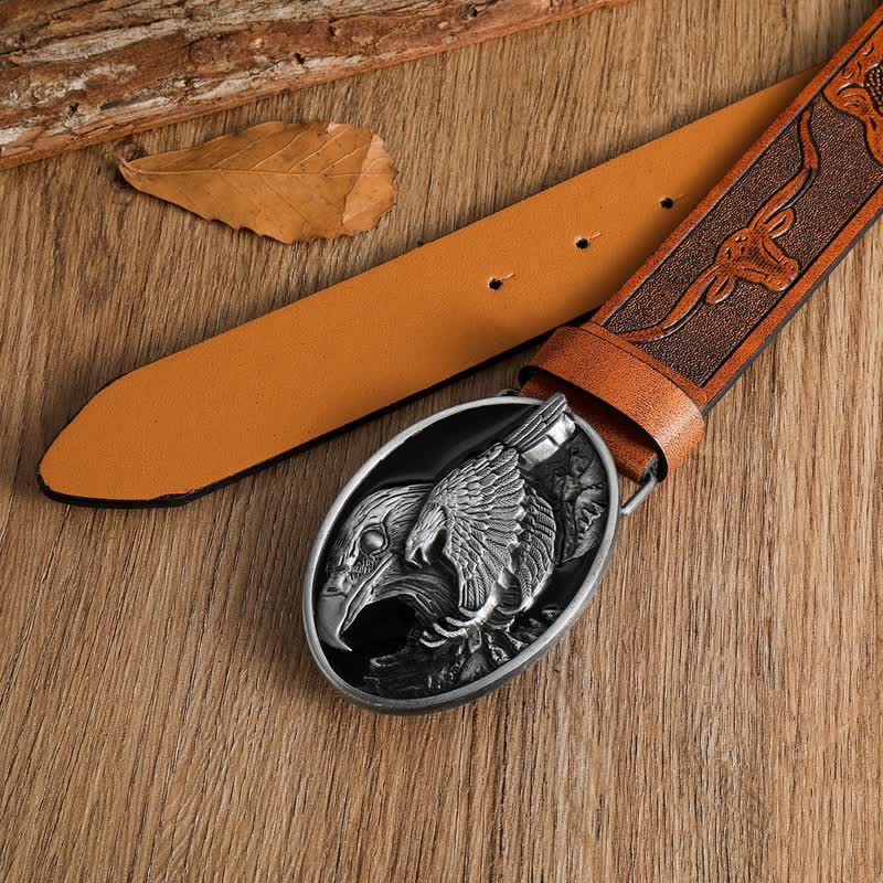 Men's Carved Bald Hawk Eagle Buckle Leather Belt - Image 2