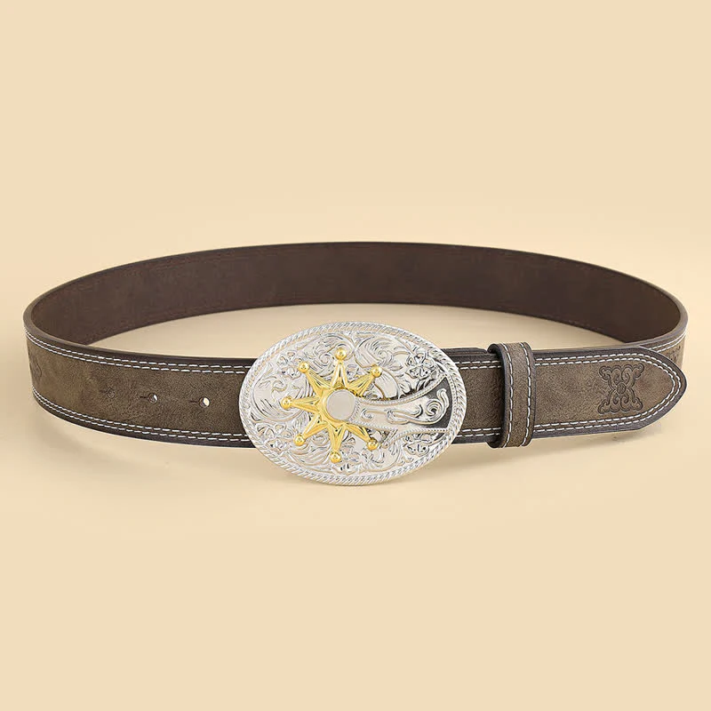 Men's Carved Star & Flower Leather Belt - Image 2