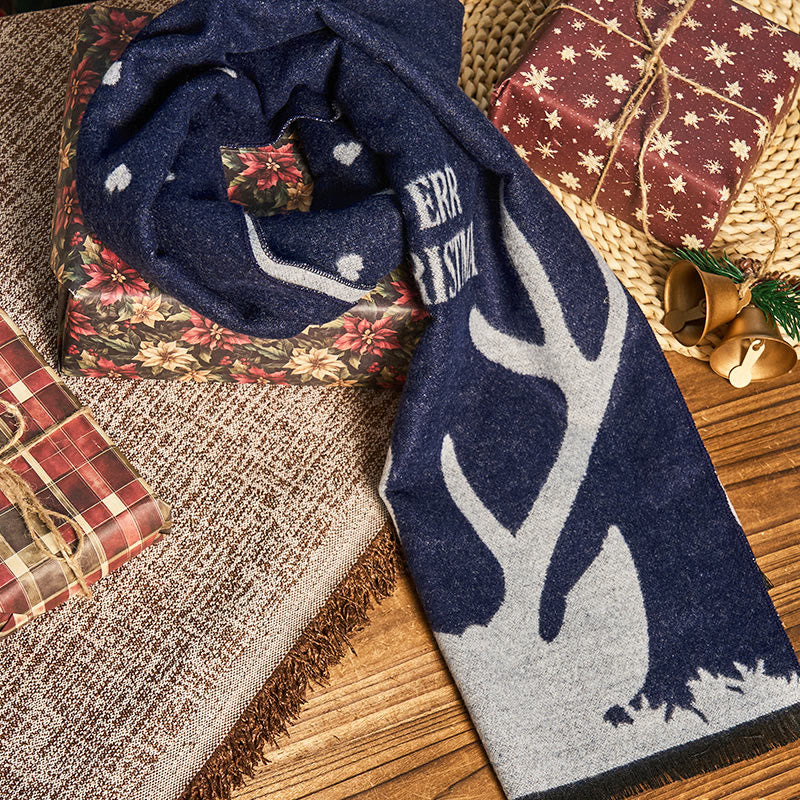Men's Christmas Reindeer Print Navy Warm Festive Scarf - Image 4