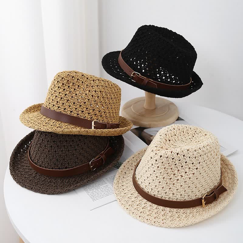 Men's Classic British-style Leather Strap Straw Fedora Hat - Image 2