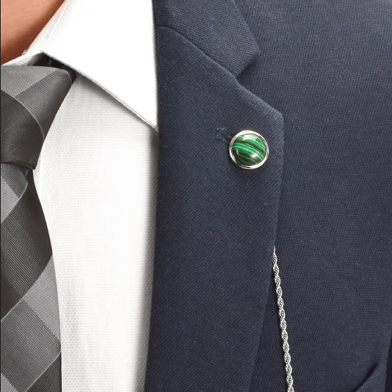 Men's Classic Natural Gemstone Lapel Chain Suit Brooch With Hanging Chain - Image 9