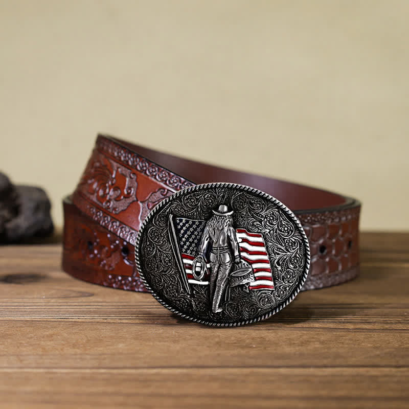 Men's DIY Cowboy American Flag Buckle Leather Belt - Image 17