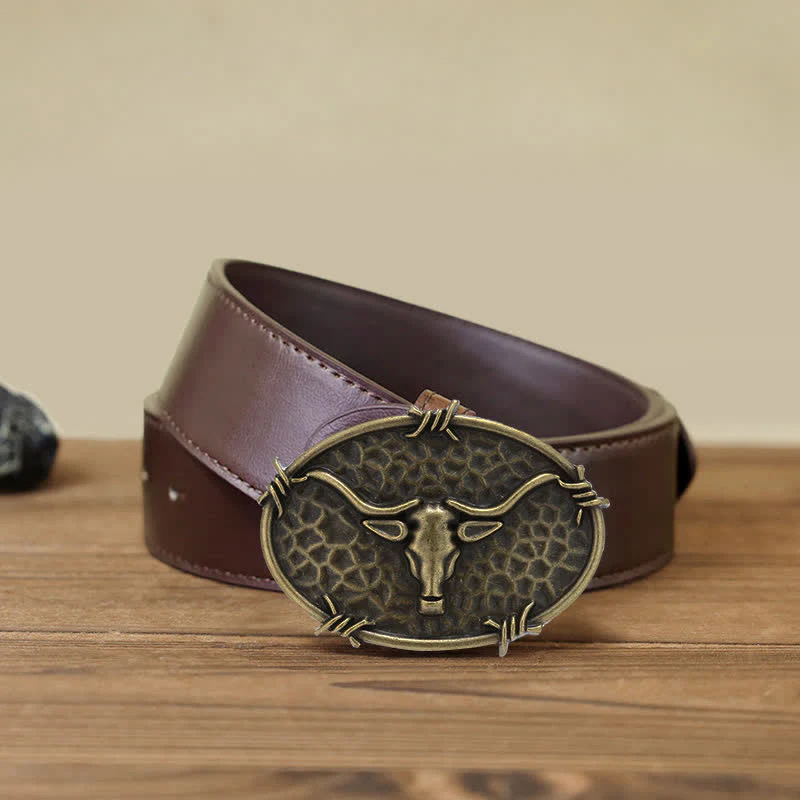 Men's DIY Cowboy Bull Head Hammered Buckle Leather Belt - Image 14
