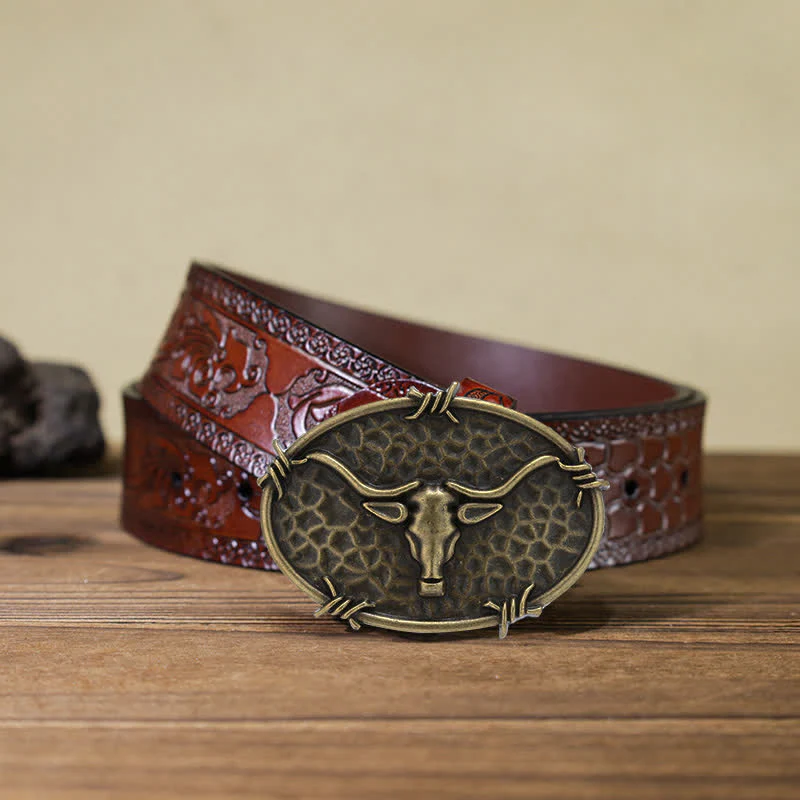 Men's DIY Cowboy Bull Head Hammered Buckle Leather Belt - Image 20