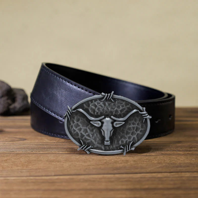 Men's DIY Cowboy Bull Head Hammered Buckle Leather Belt - Image 7