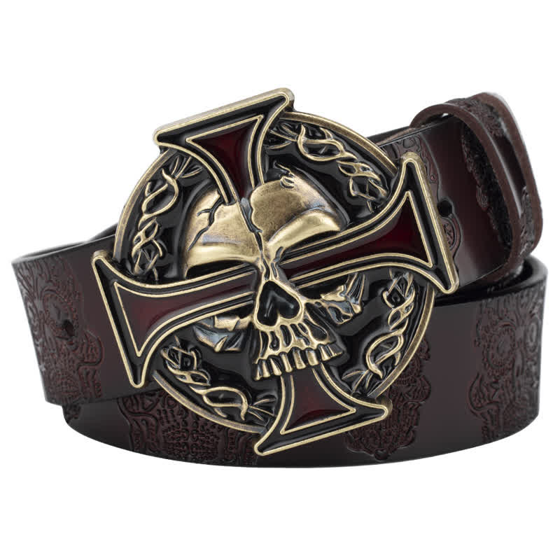 Men's Cross Skull Embossed Pattern Leather Belt - Image 12