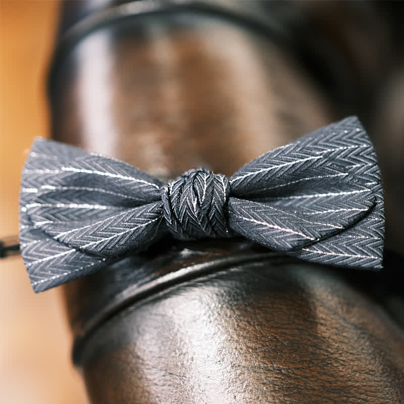 Men's Dark Gray Striped Herringbone Pattern Bow Tie - Image 4