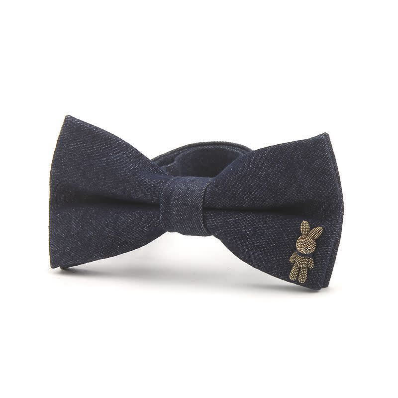Men's Dark Navy Blue Metallic Decors Denim Cotton Bow Tie - Image 2