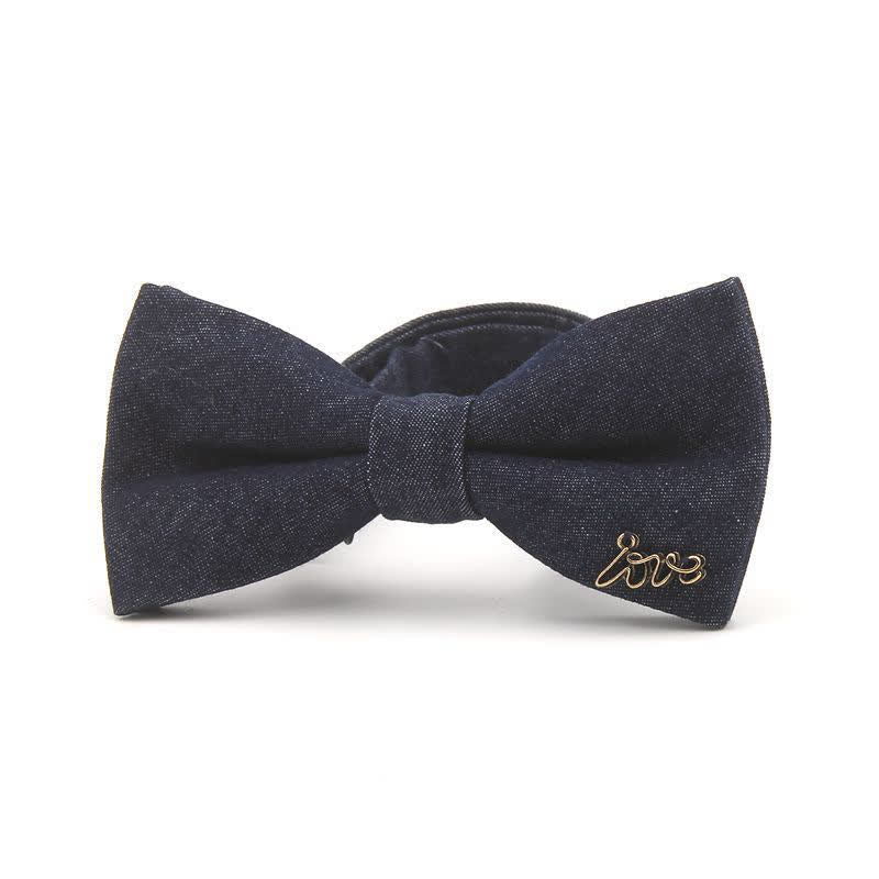 Men's Dark Navy Blue Metallic Decors Denim Cotton Bow Tie - Image 8