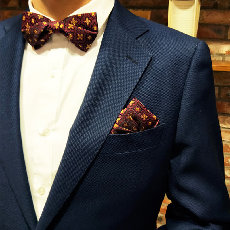 Men's Dark Red & Gold Embroidery Oversized Pointed Bow Tie - Image 9
