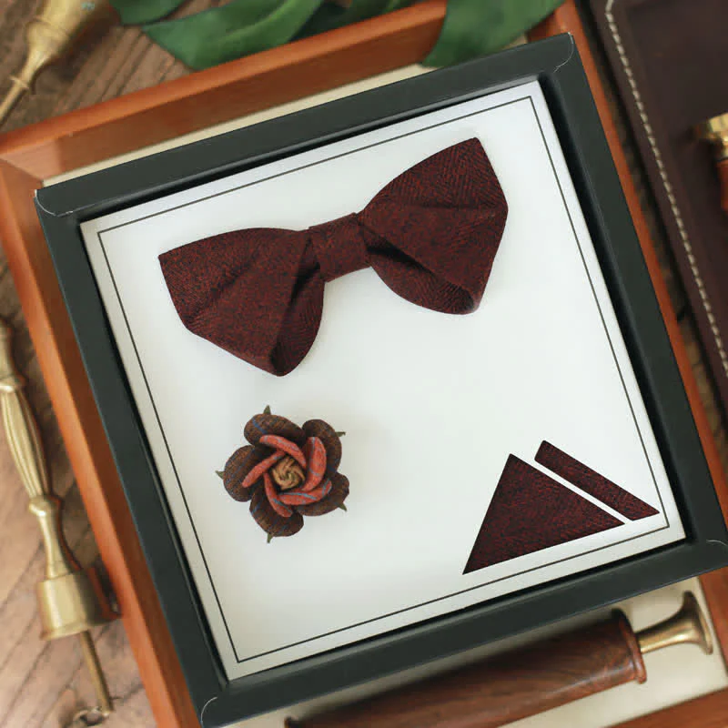 Men's Dark Wine Red British Herringbone Floral Brooch Bow Tie - Image 11