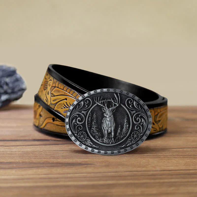 Men's DIY Deer Hunter American Flag Buckle Leather Belt - Image 39