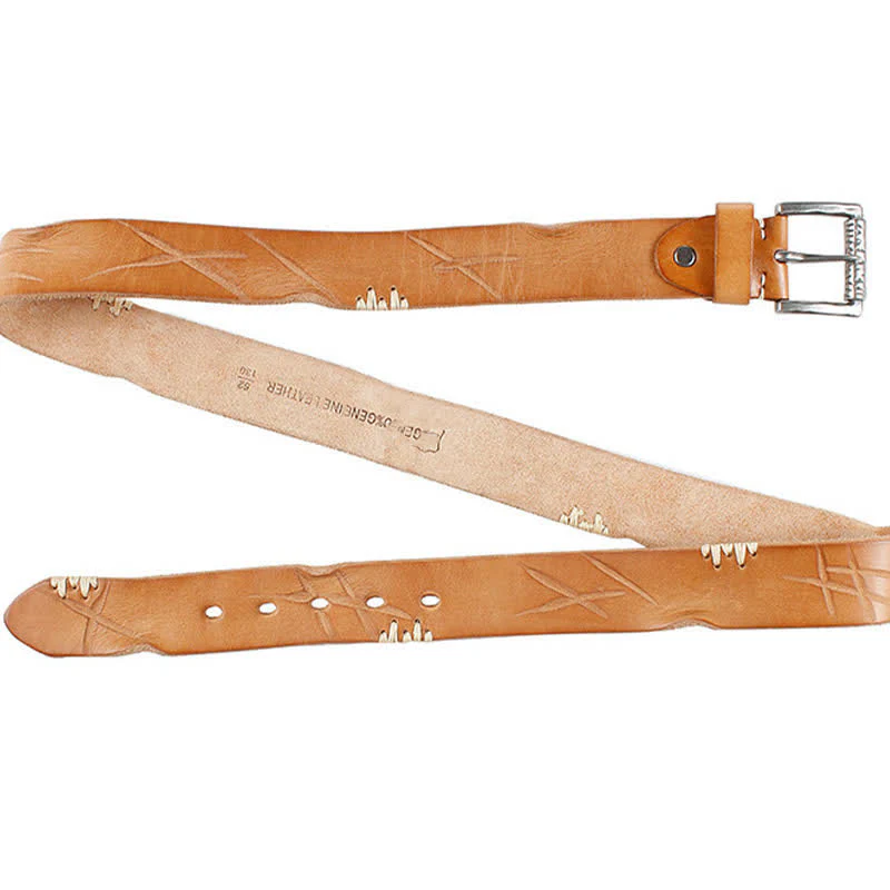 Men's Distressed Retro White Line Decor Leather Belt - Image 14